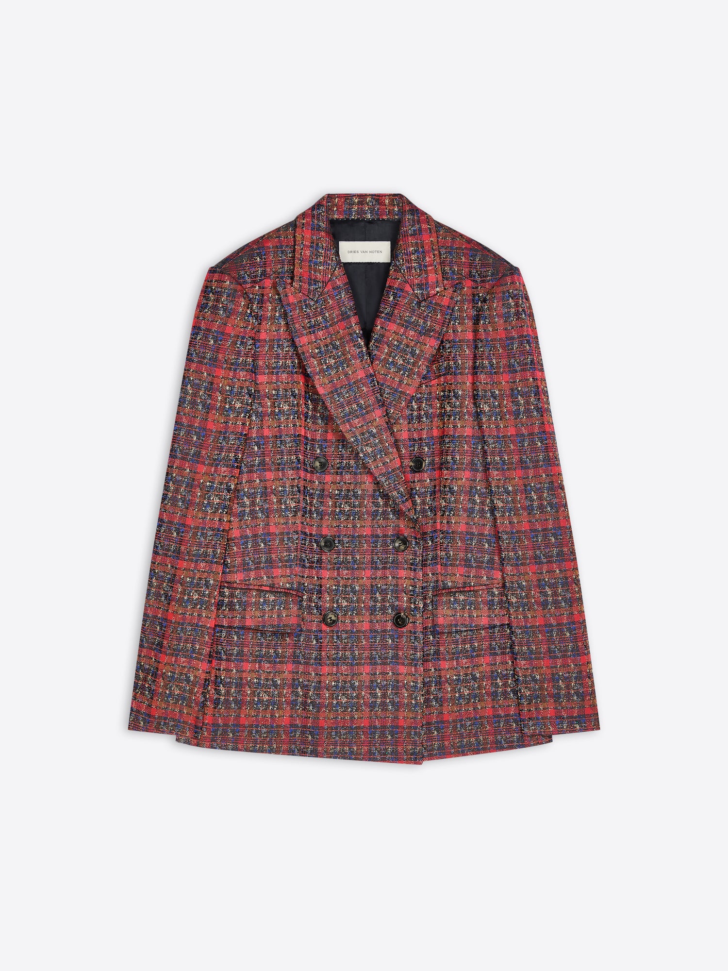 A double-breasted tweed blazer with a red, blue and black plaid pattern, shown flat against a light gray background.