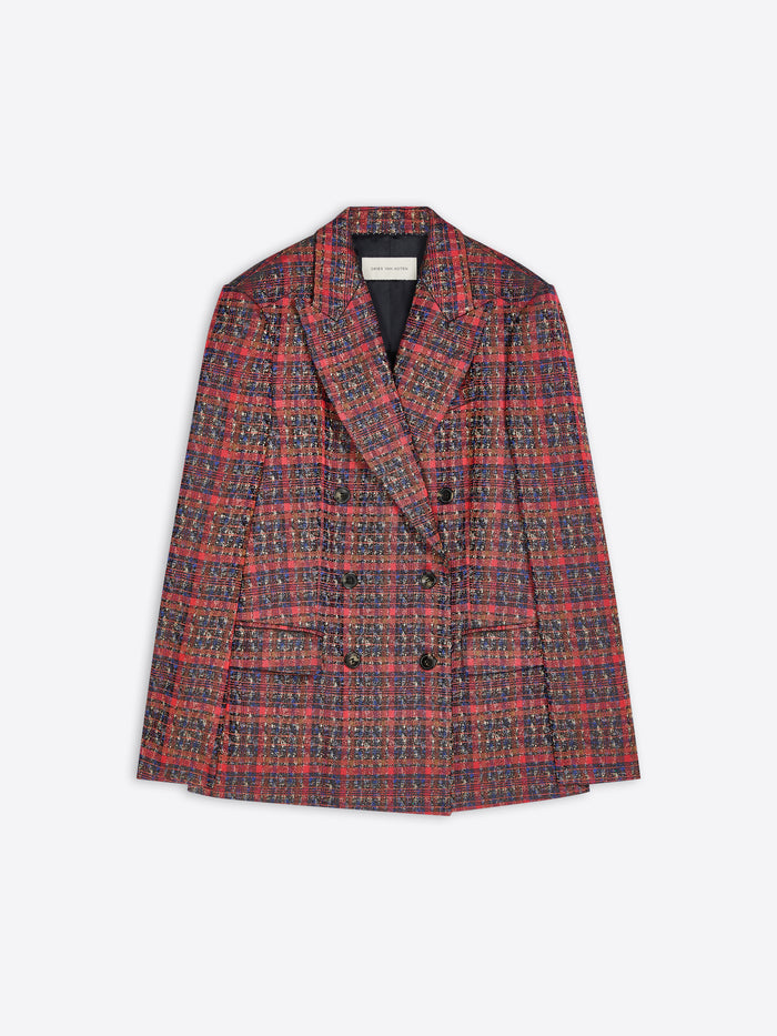 A double-breasted tweed blazer with a red, blue and black plaid pattern, shown flat against a light gray background.