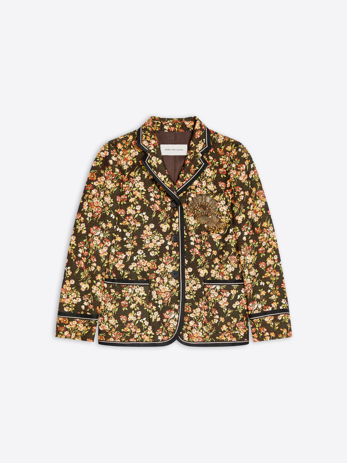 A women's blazer jacket featuring an all-over dense floral print with contrasting black piping along the collar, front, cuffs, and hem.