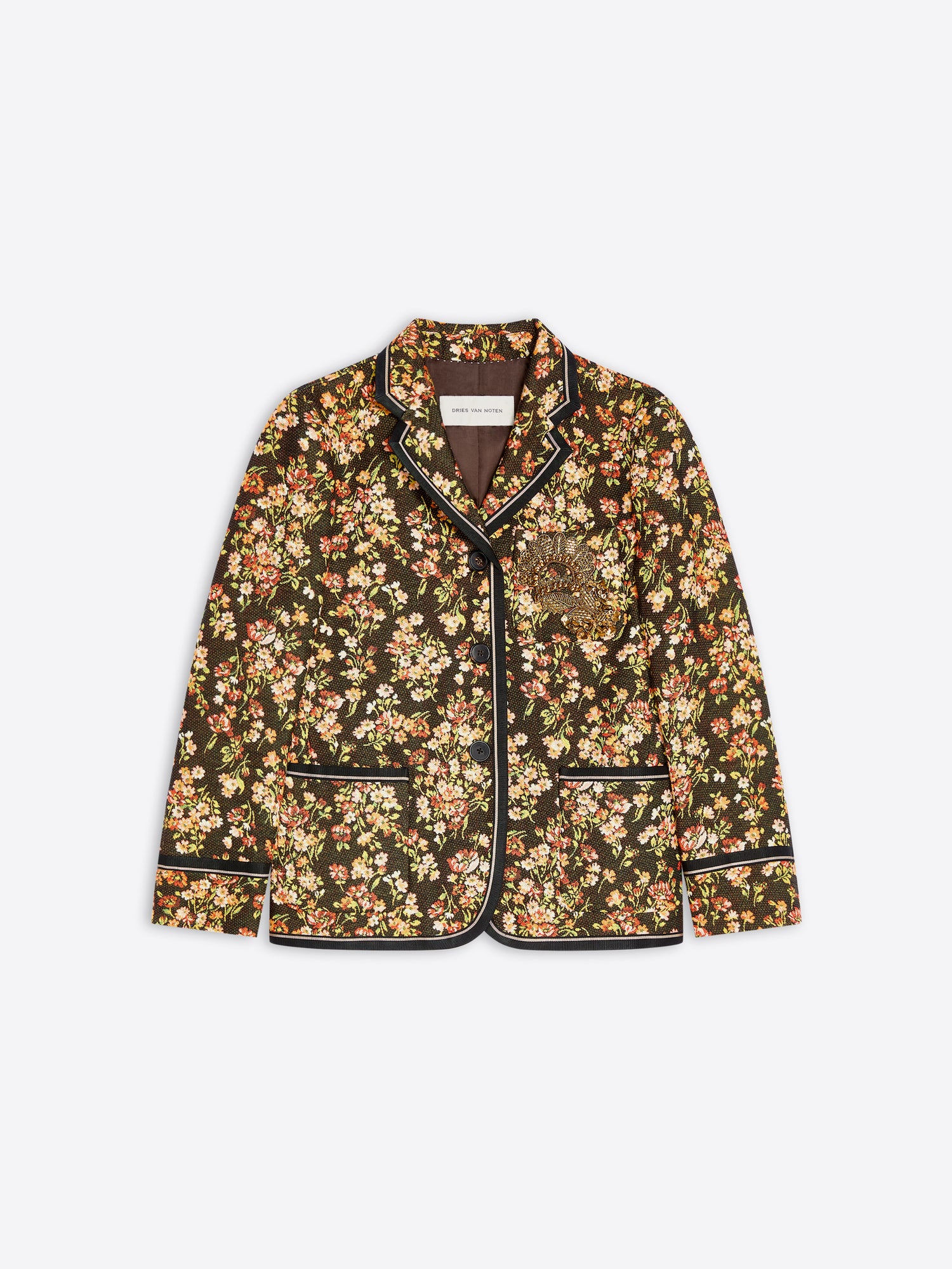 A women's blazer jacket featuring an all-over dense floral print with contrasting black piping along the collar, front, cuffs, and hem.