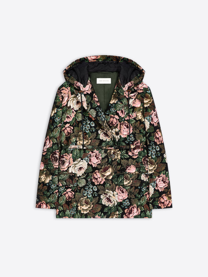 A dark floral-patterned coat on a light gray background 
