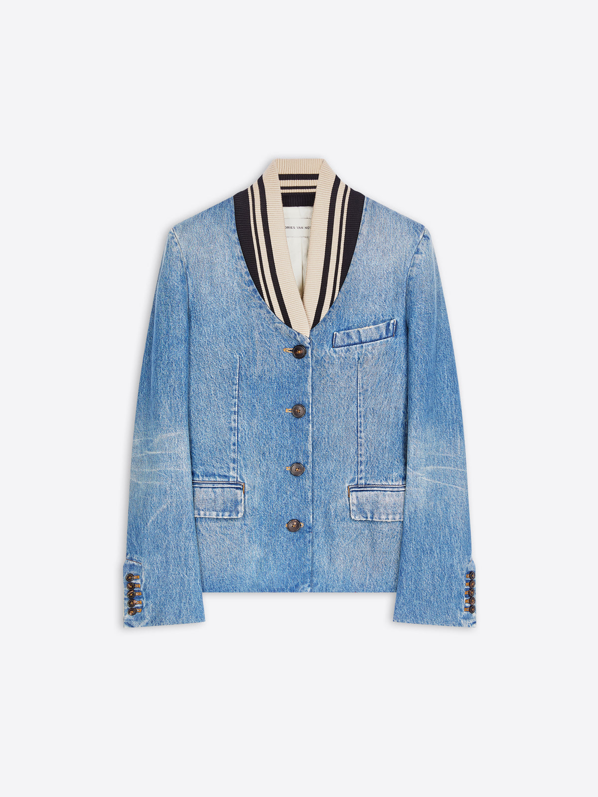 A light blue denim jacket with a striped black, white, and beige shawl collar, featuring front buttons and flap pockets, displayed on a gray background. 