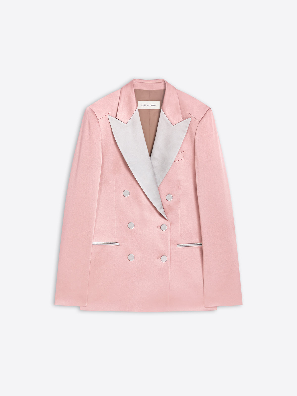 A light pink double-breasted blazer with contrasting shawl lapels and silver-tone buttons, displayed flat against a light gray background.