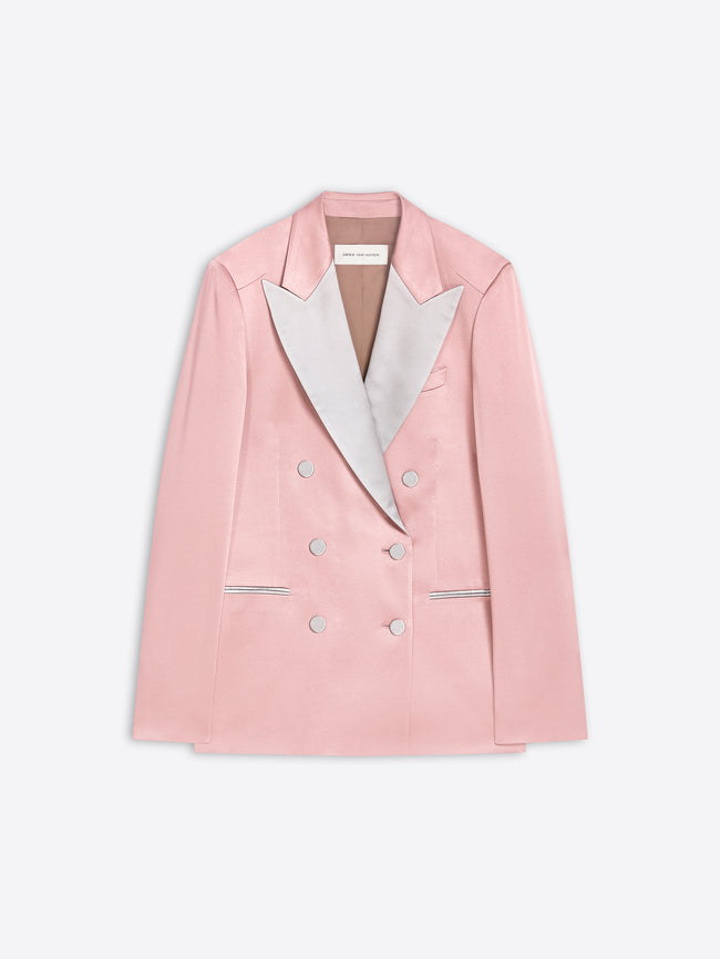 A light pink double-breasted blazer with contrasting shawl lapels and silver-tone buttons, displayed flat against a light gray background.