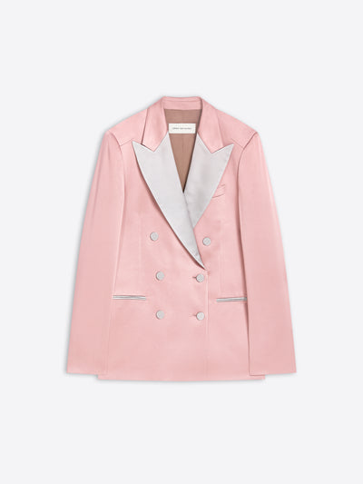 A light pink double-breasted blazer with contrasting shawl lapels and silver-tone buttons, displayed flat against a light gray background.