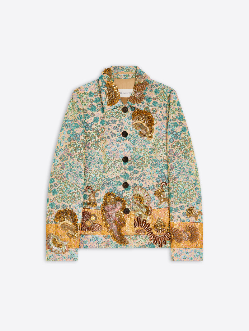 A long-sleeve button-front jacket featuring an intricate, dense paisley and floral print in teal, displayed flat against a light gray background.
