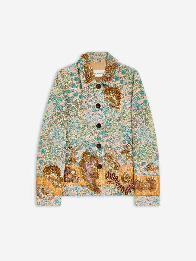 A long-sleeve button-front jacket featuring an intricate, dense paisley and floral print in teal, displayed flat against a light gray background.