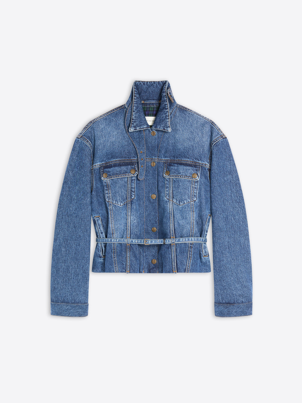 A cropped blue denim jacket with a pointed collar, button front, and two chest flap pockets, shown flat against a light gray background.