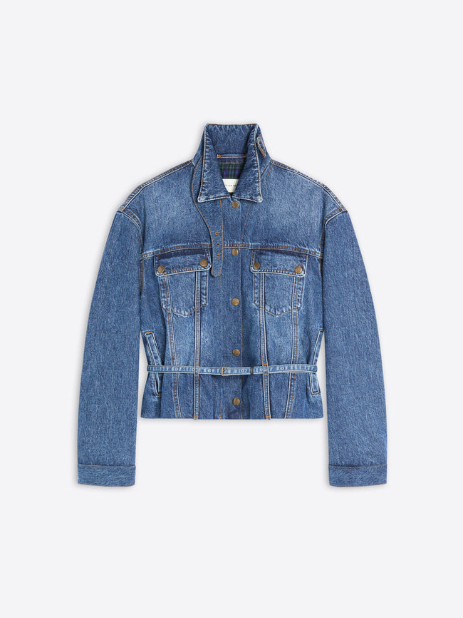 A cropped blue denim jacket with a pointed collar, button front, and two chest flap pockets, shown flat against a light gray background.