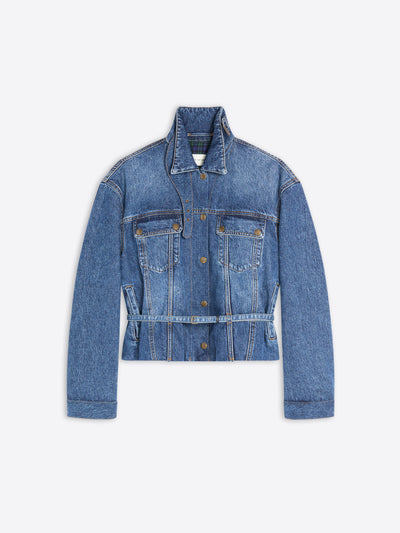A cropped blue denim jacket with a pointed collar, button front, and two chest flap pockets, shown flat against a light gray background.