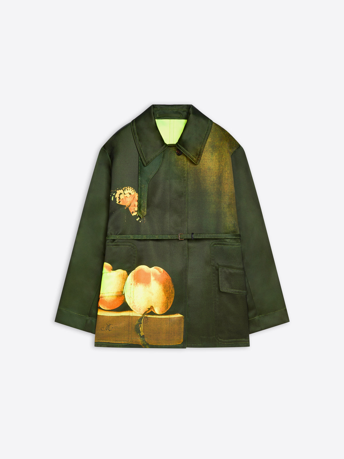 A dark green utility-style jacket featuring an art print of peaches on a table, displayed against a light gray background.