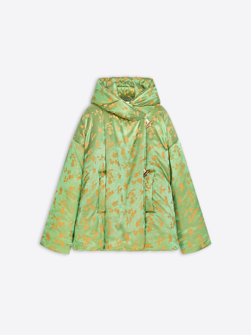 A light green hooded puffer jacket with a gold floral pattern, displayed flat against a light gray background.