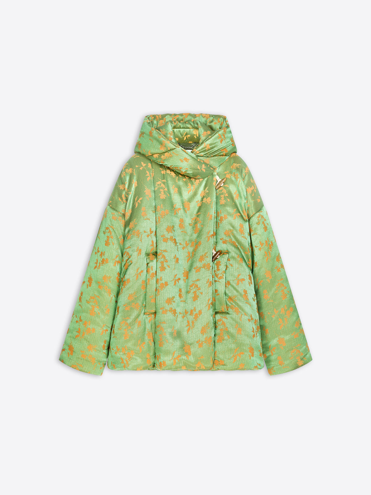 A light green hooded puffer jacket with a gold floral pattern, displayed flat against a light gray background.