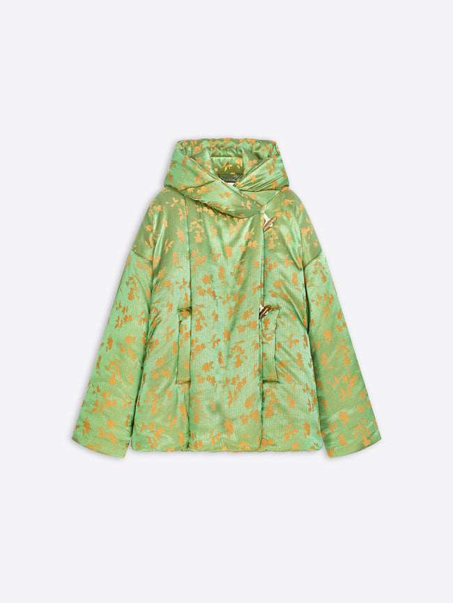 A light green hooded puffer jacket with a gold floral pattern, displayed flat against a light gray background.