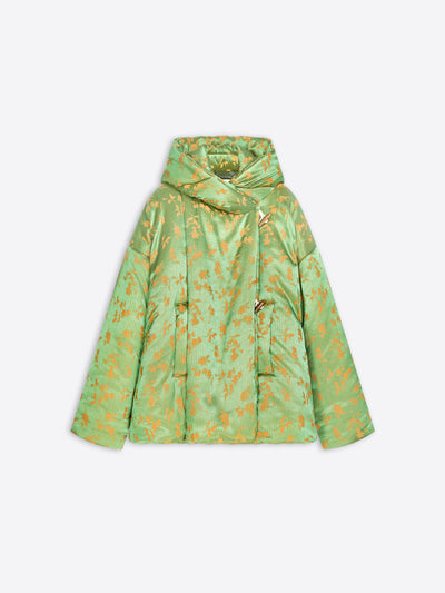 A light green hooded puffer jacket with a gold floral pattern, displayed flat against a light gray background.