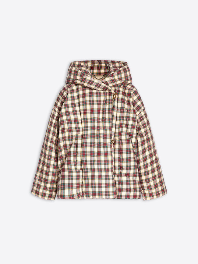 A hooded puffer jacket with a brown and beige plaid pattern, featuring a hood and front snap buttons, shown against a plain light gray background.
