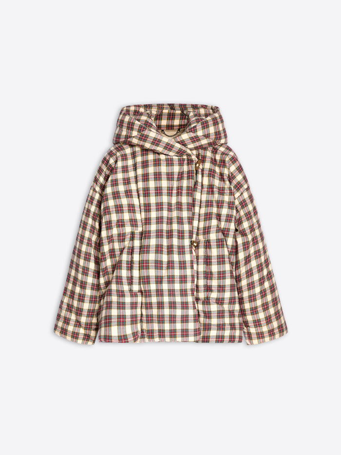 A hooded puffer jacket with a brown and beige plaid pattern, featuring a hood and front snap buttons, shown against a plain light gray background.