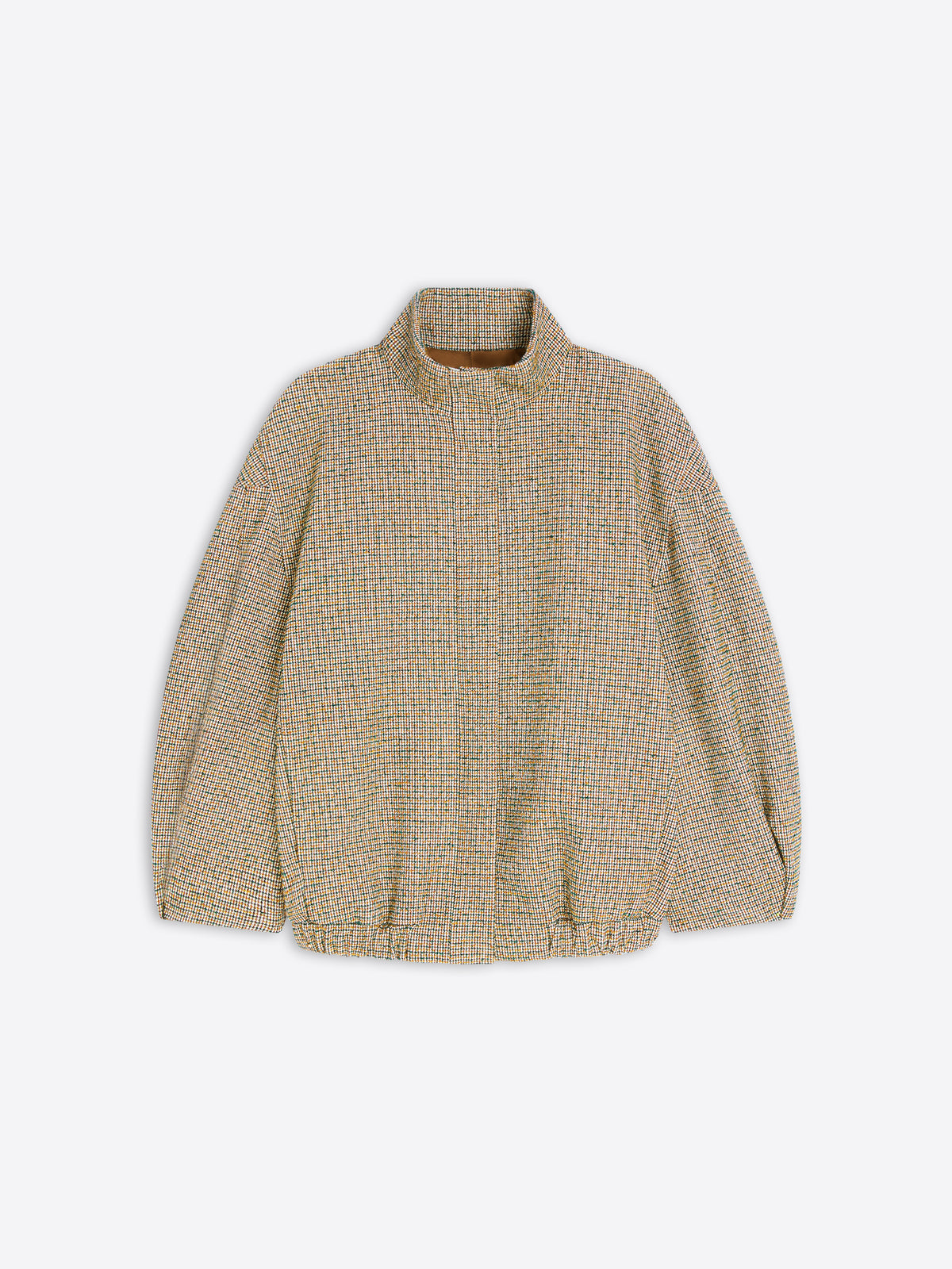 A textured, cropped knit jacket in a beige and brown tweed pattern, featuring a mock neck and long sleeves, shown against a light gray background.