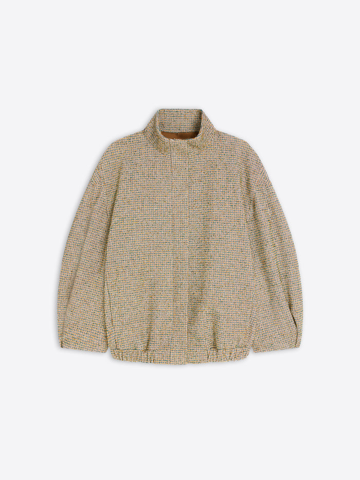 A textured, cropped knit jacket in a beige and brown tweed pattern, featuring a mock neck and long sleeves, shown against a light gray background.