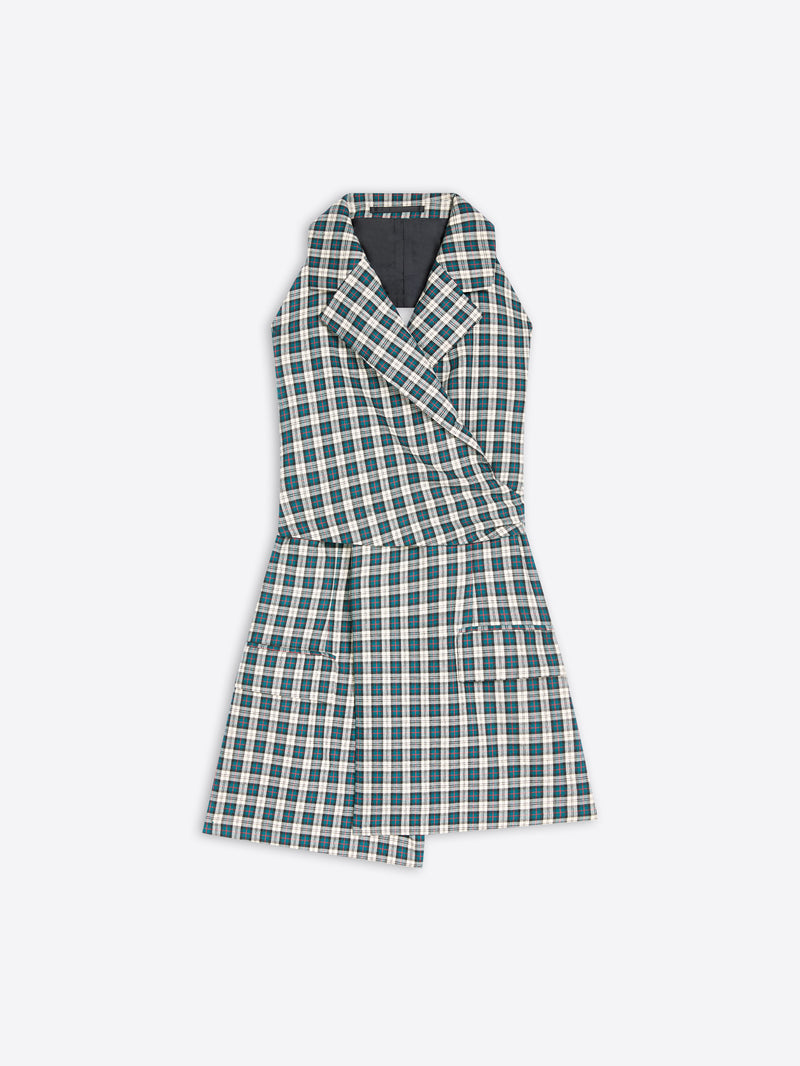 A sleeveless wrap-style top with a green and white plaid pattern, featuring a wide collar against a light gray background.