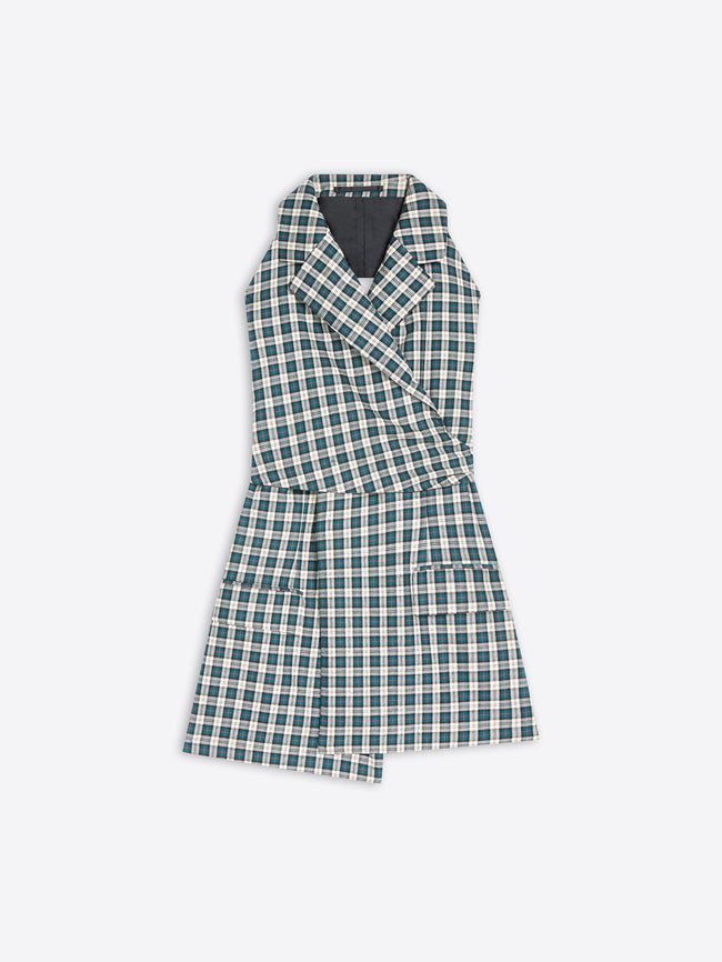 A sleeveless wrap-style top with a green and white plaid pattern, featuring a wide collar against a light gray background.