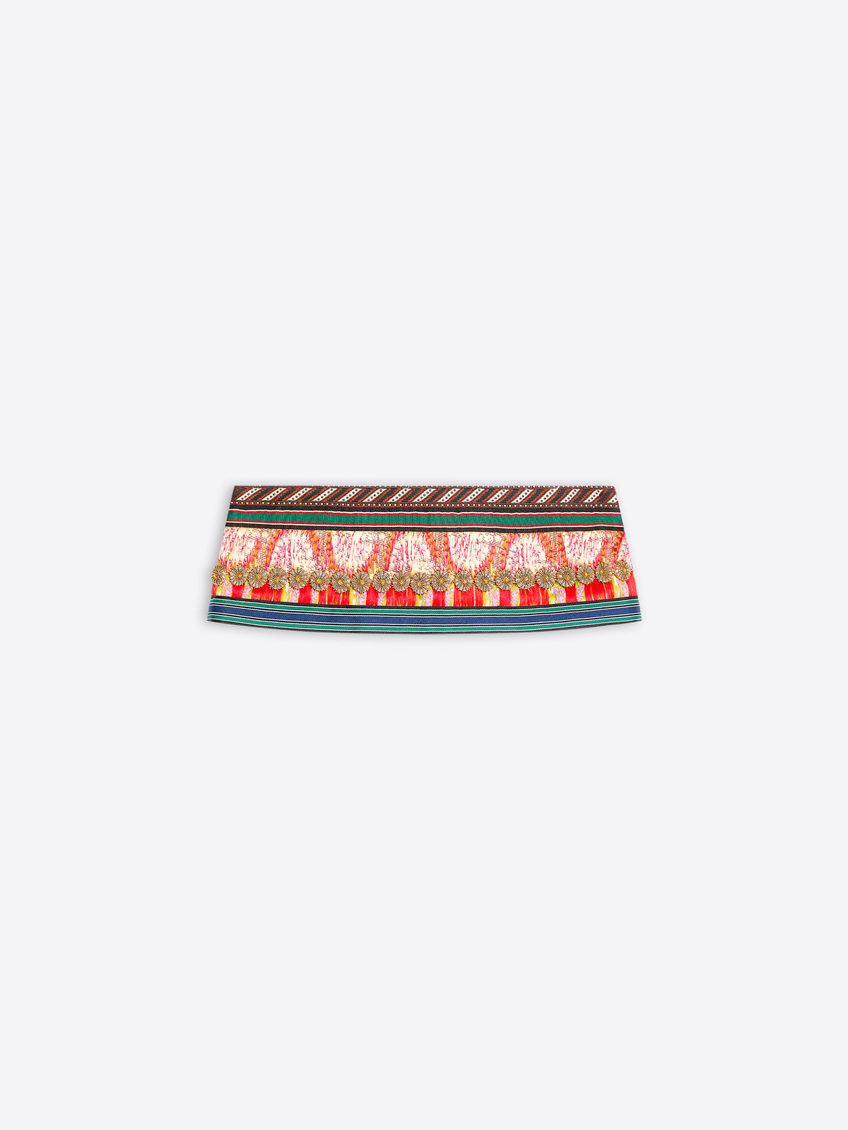 A close-up of a patterned fabric band, likely a belt or waist trim, featuring a red and gold paisley design with a brown geometric border on a light gray background.
