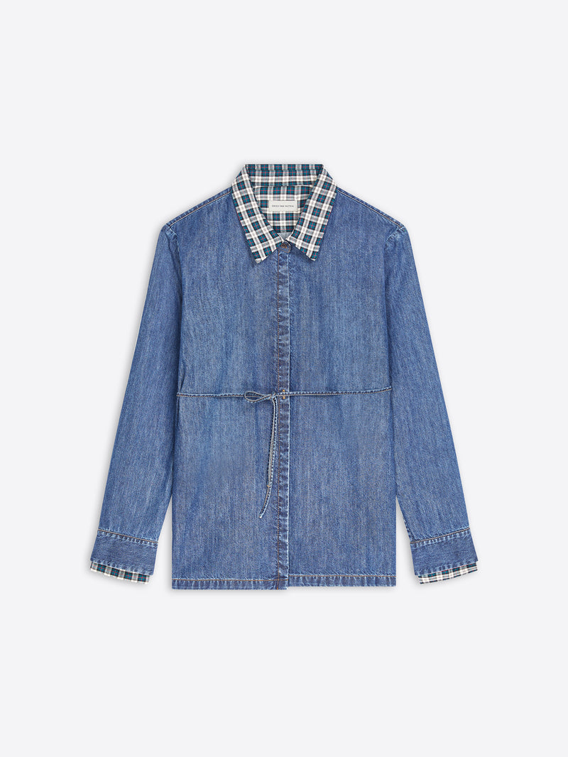 A blue denim long-sleeve shirt jacket with a contrasting blue, white, and black checkered plaid collar and matching plaid turned-back cuffs, shown flat on a light gray background.