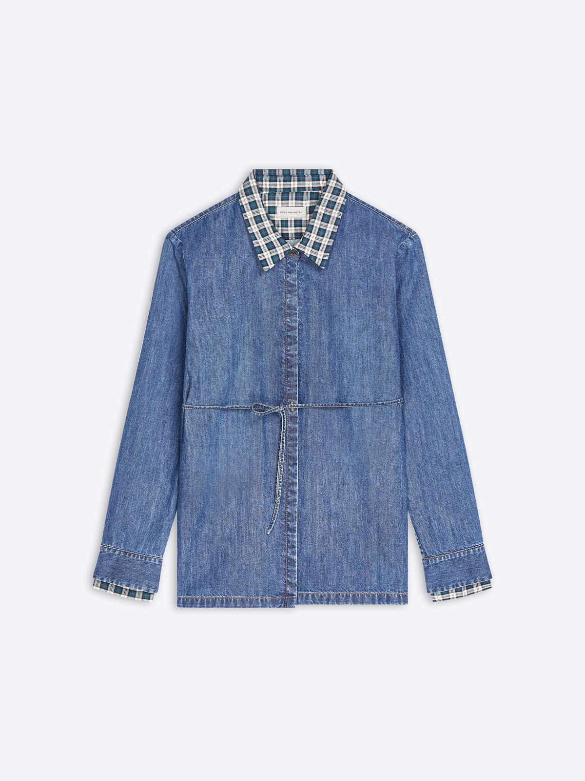 A blue denim long-sleeve shirt jacket with a contrasting blue, white, and black checkered plaid collar and matching plaid turned-back cuffs, shown flat on a light gray background.