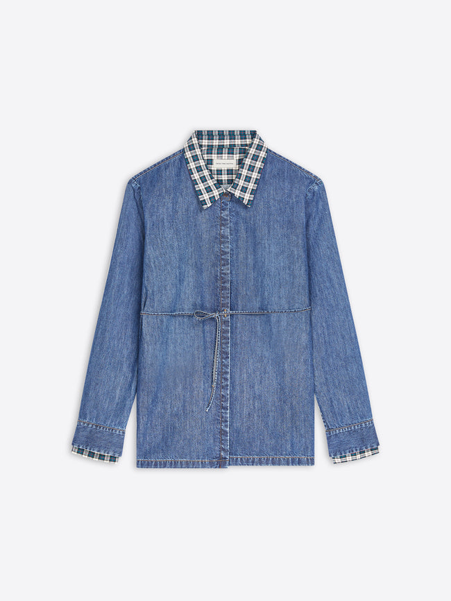 A blue denim long-sleeve shirt jacket with a contrasting blue, white, and black checkered plaid collar and matching plaid turned-back cuffs, shown flat on a light gray background.