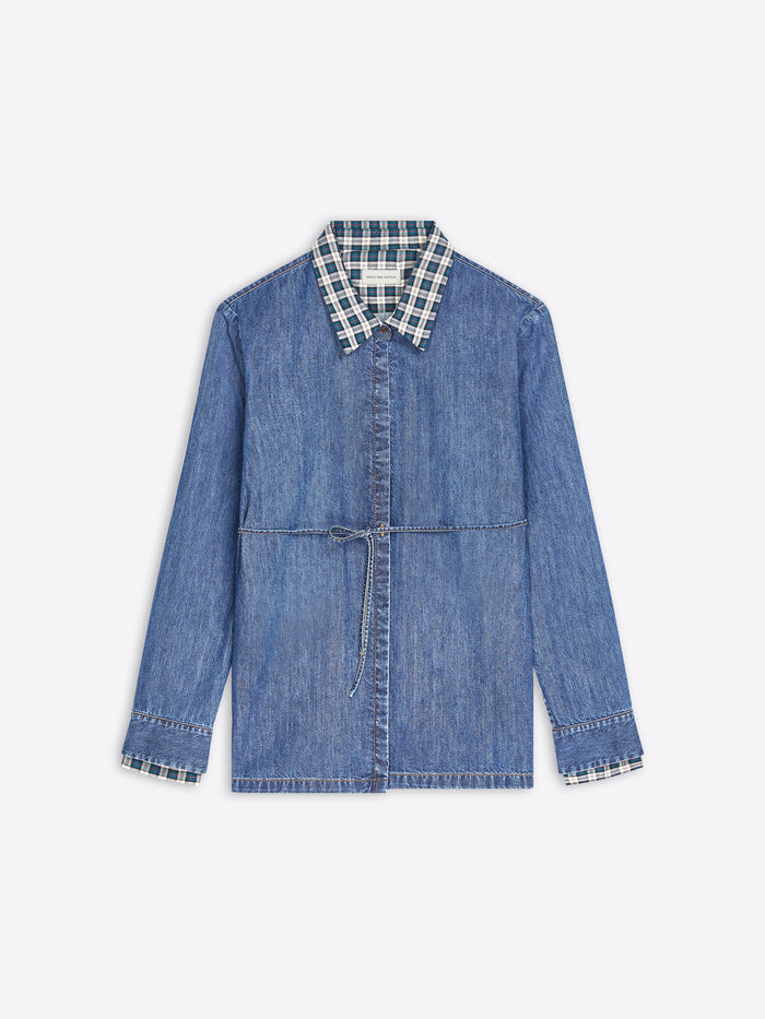 A blue denim long-sleeve shirt jacket with a contrasting blue, white, and black checkered plaid collar and matching plaid turned-back cuffs, shown flat on a light gray background.