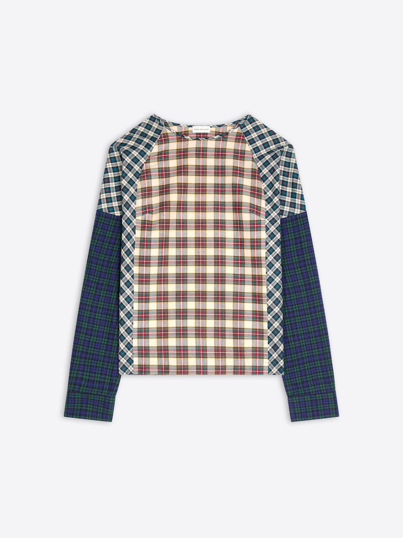 A long-sleeve raglan top with a multi-colored plaid pattern, featuring a cream and red checkered center body, green and white checkered shoulder yokes, and solid dark green plaid sleeves, shown flat on a light gray background.