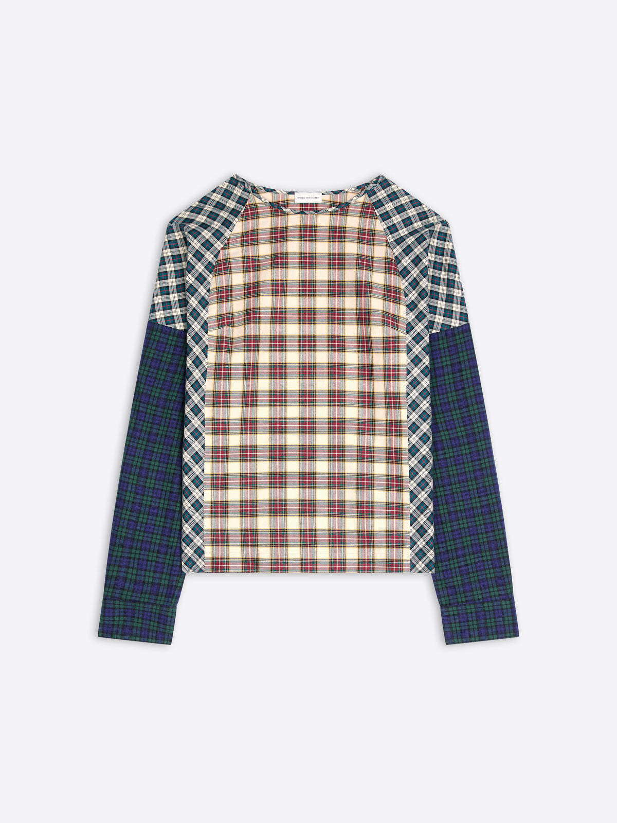A long-sleeve raglan top with a multi-colored plaid pattern, featuring a cream and red checkered center body, green and white checkered shoulder yokes, and solid dark green plaid sleeves, shown flat on a light gray background.