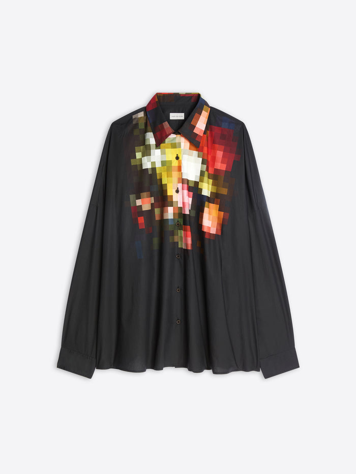 A black long-sleeve button-up shirt featuring a large, colorful pixelated graphic print on the front, displayed against a light gray background.