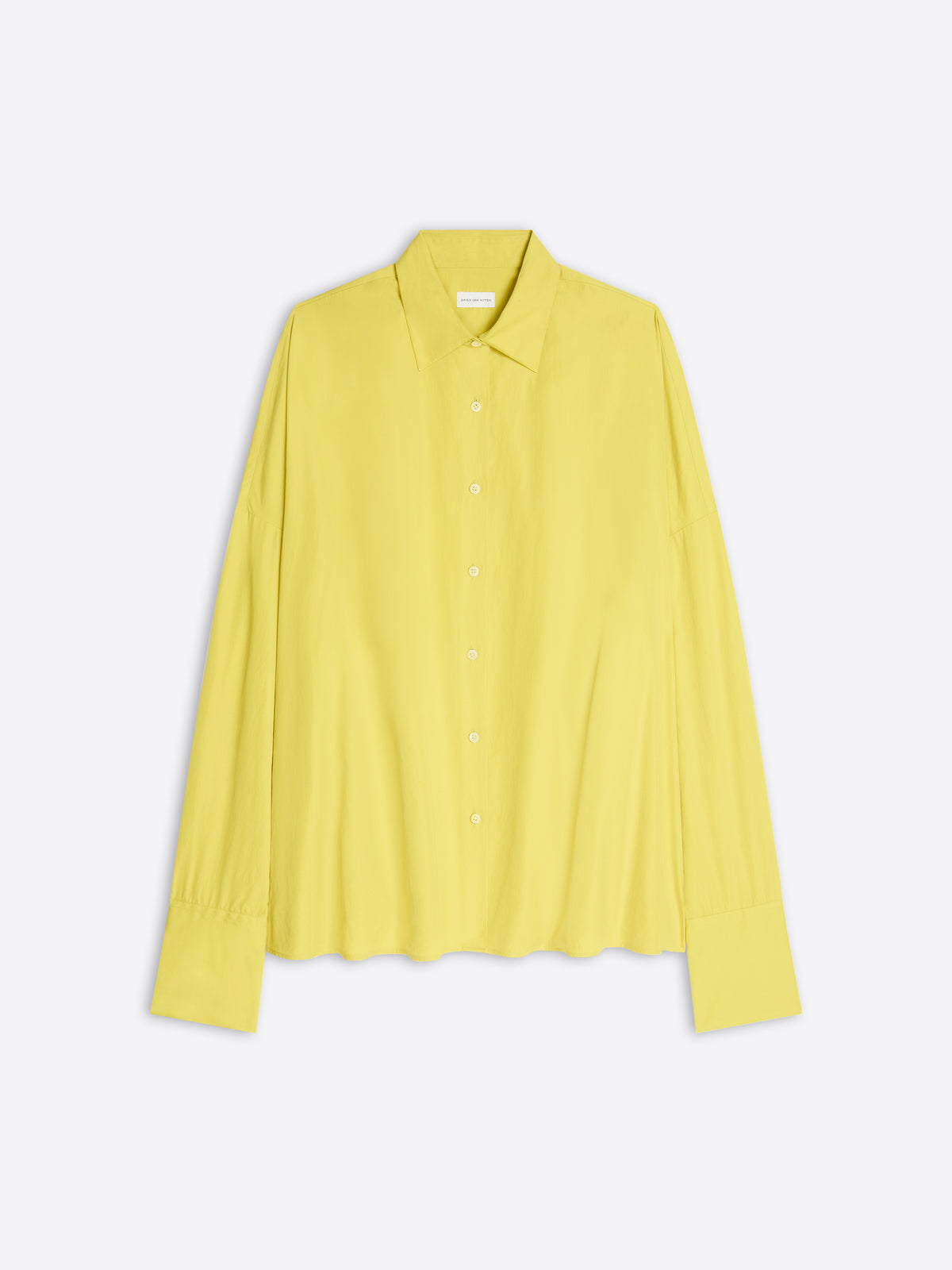 A bright yellow long-sleeve button-up shirt with a pointed collar and subtle vertical pleats, displayed against a clean, light gray background.