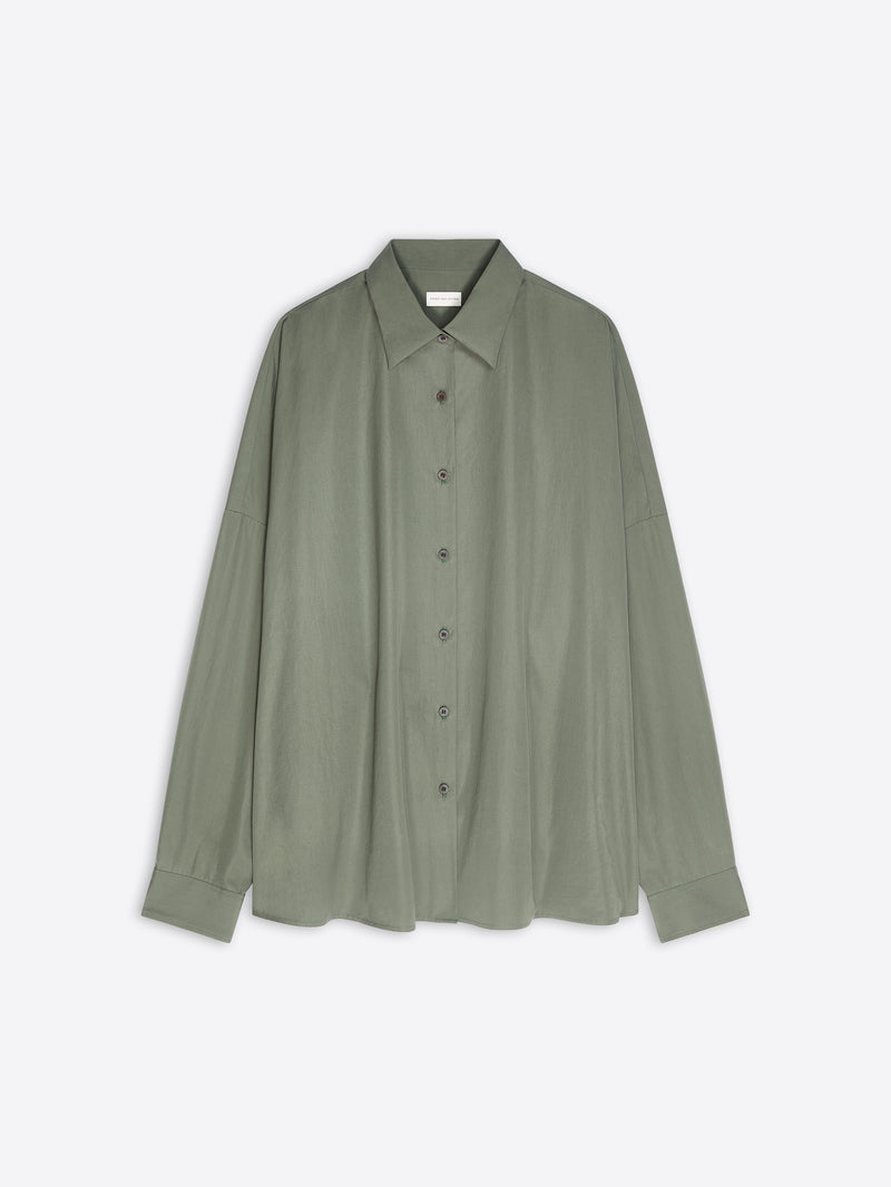 An oversized sage green button-up shirt with a relaxed fit, displayed flat against a light gray background.