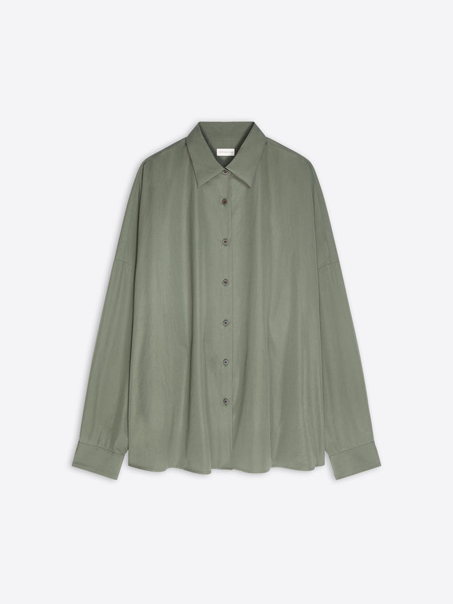 An oversized sage green button-up shirt with a relaxed fit, displayed flat against a light gray background.