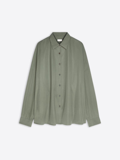 An oversized sage green button-up shirt with a relaxed fit, displayed flat against a light gray background.