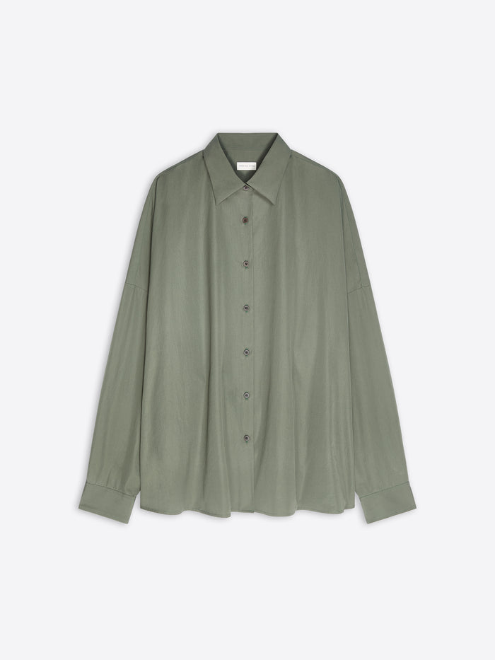 An oversized sage green button-up shirt with a relaxed fit, displayed flat against a light gray background.