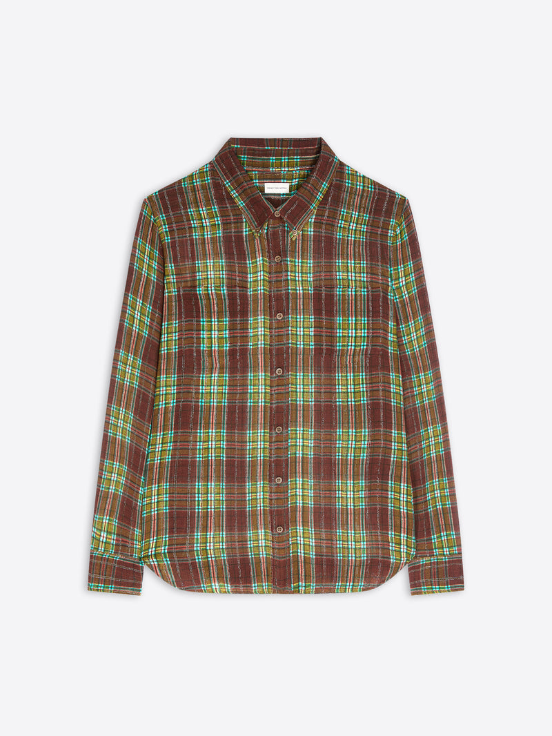 A long-sleeve button-up shirt with a brown, green, and yellow plaid pattern, displayed flat against a light gray background.
