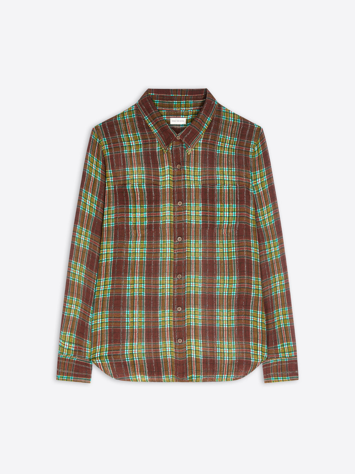 A long-sleeve button-up shirt with a brown, green, and yellow plaid pattern, displayed flat against a light gray background.