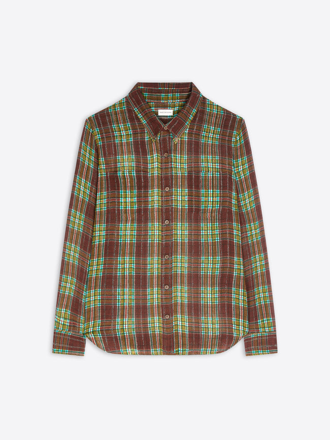A long-sleeve button-up shirt with a brown, green, and yellow plaid pattern, displayed flat against a light gray background.