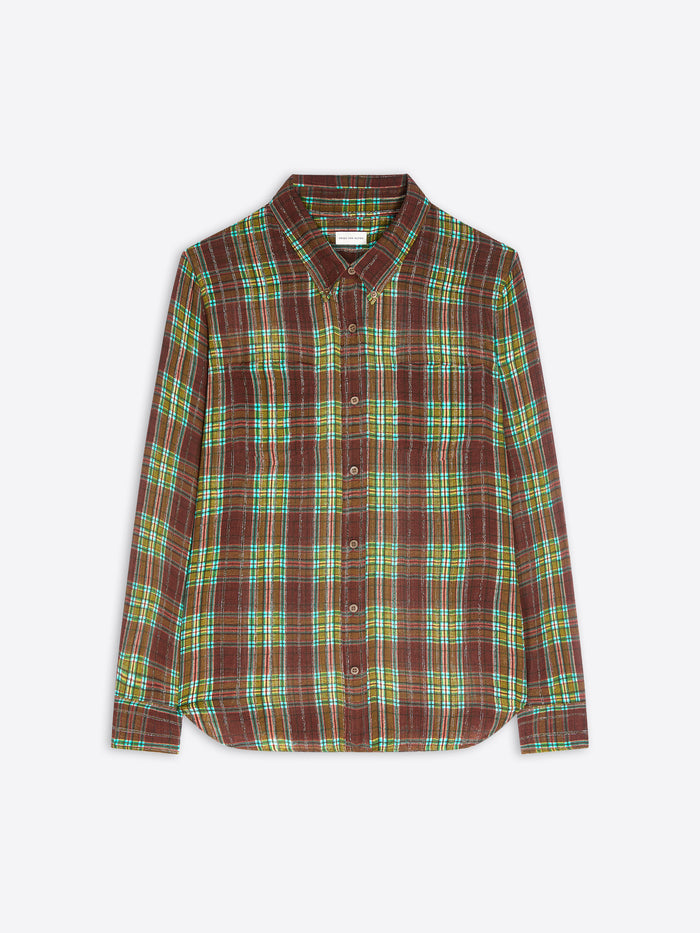 A long-sleeve button-up shirt with a brown, green, and yellow plaid pattern, displayed flat against a light gray background.