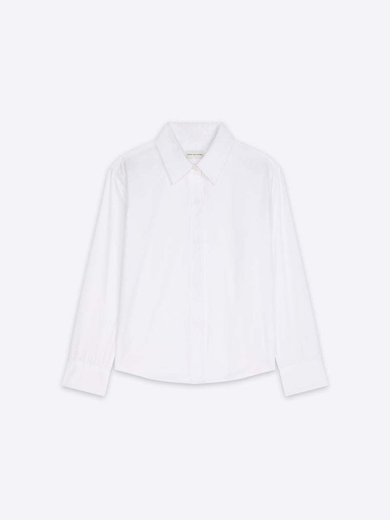 A white long-sleeve button-up shirt with a classic pointed collar, displayed flat against a clean white background.