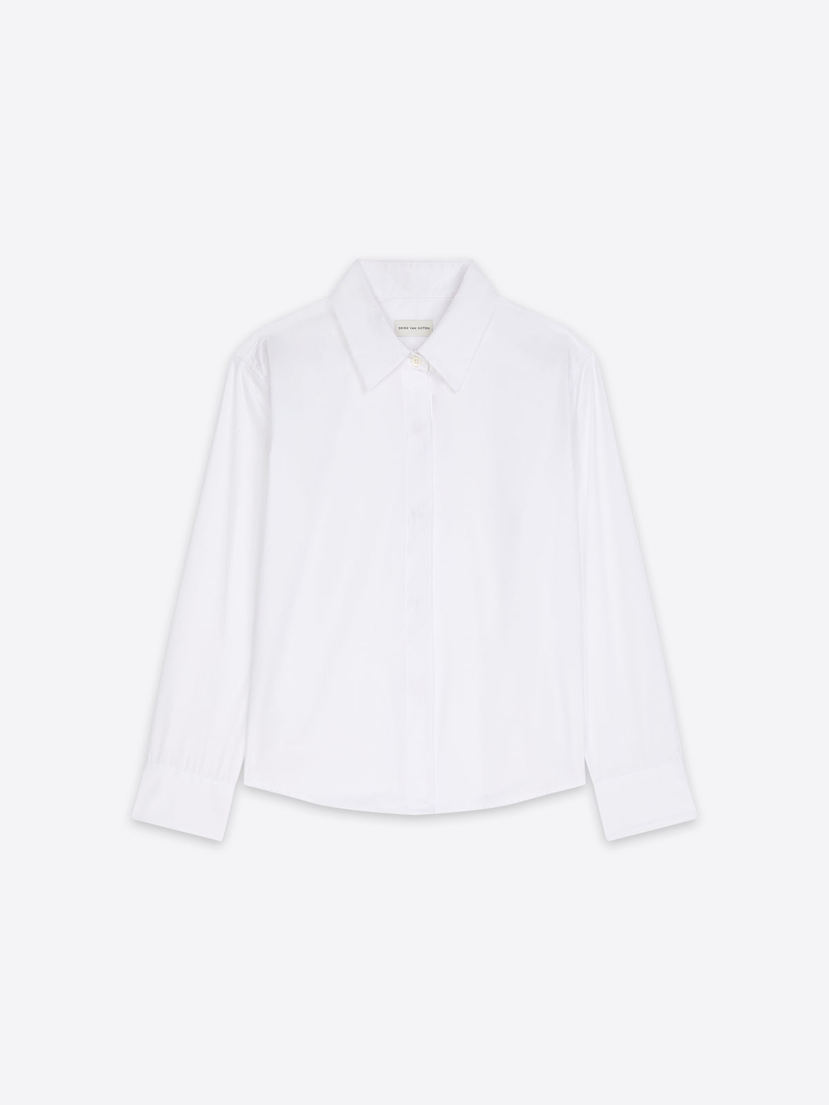 A white long-sleeve button-up shirt with a classic pointed collar, displayed flat against a clean white background.