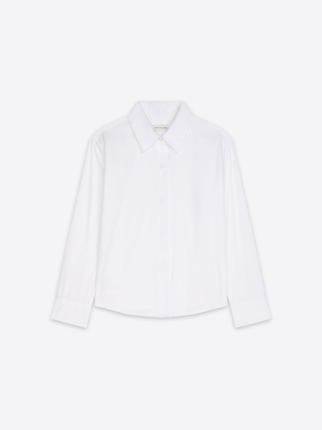 A white long-sleeve button-up shirt with a classic pointed collar, displayed flat against a clean white background.