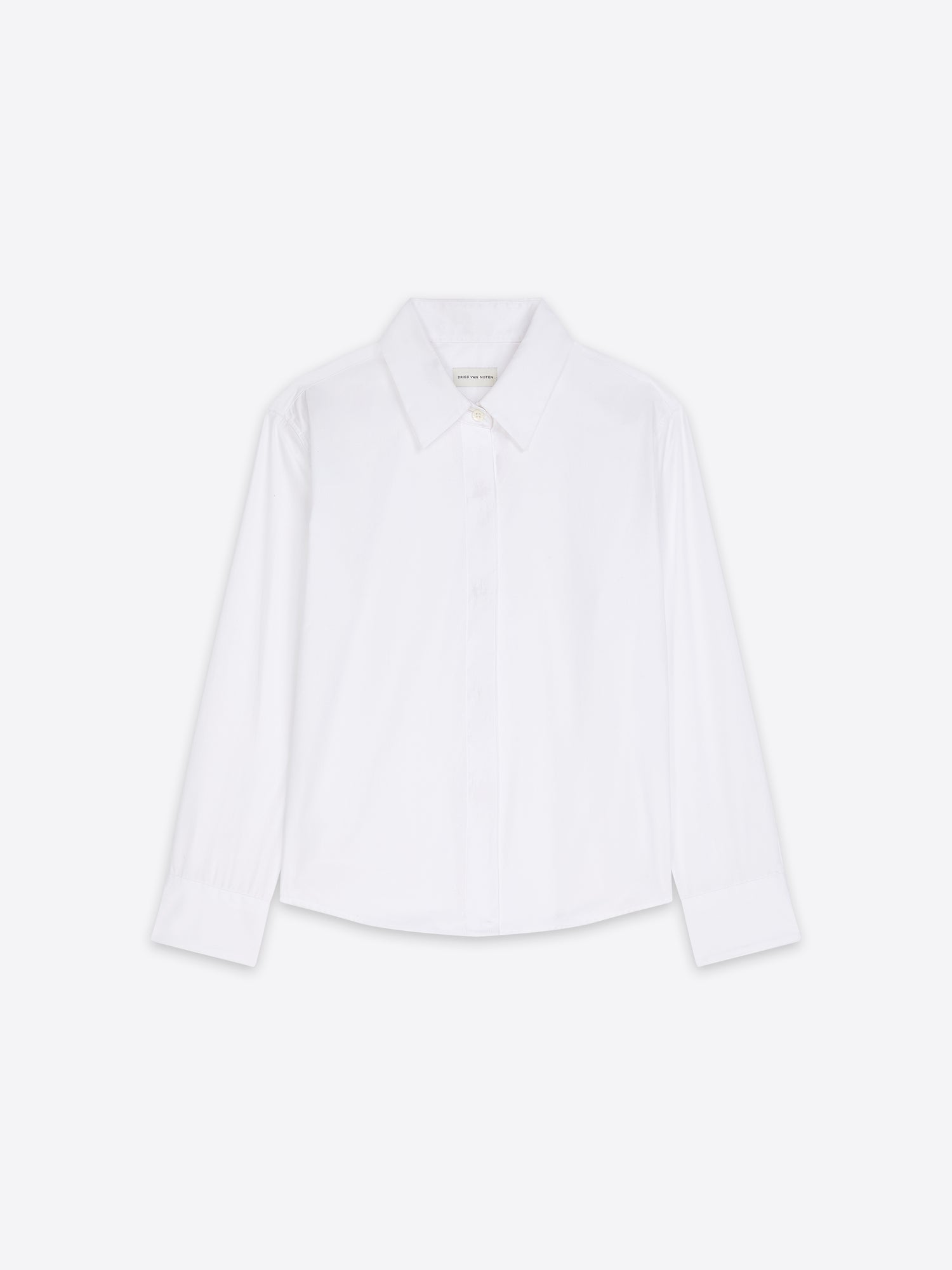 A white long-sleeve button-up shirt with a classic pointed collar, displayed flat against a clean white background.