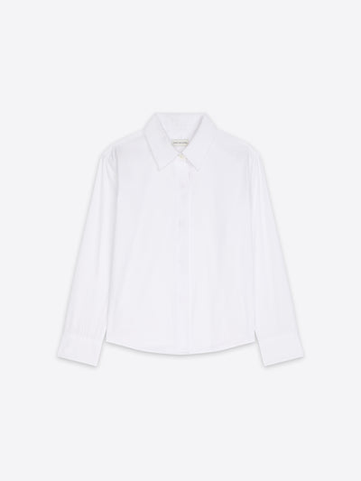 A white long-sleeve button-up shirt with a classic pointed collar, displayed flat against a clean white background.