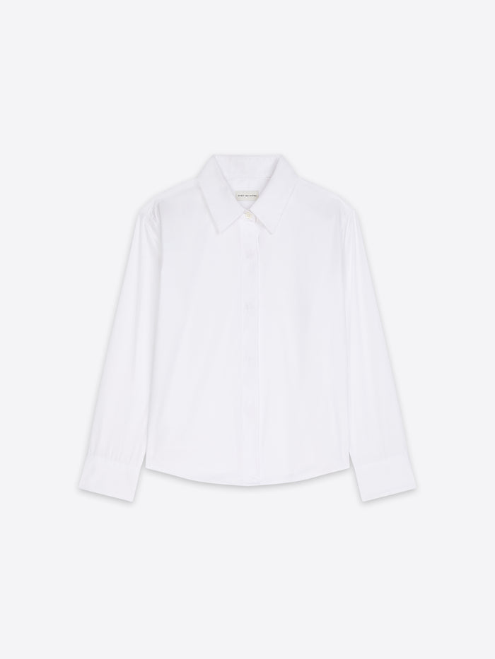 A white long-sleeve button-up shirt with a classic pointed collar, displayed flat against a clean white background.