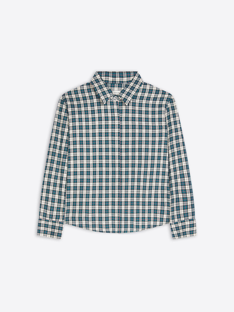 A green and white checkered button-down shirt on a light gray background 