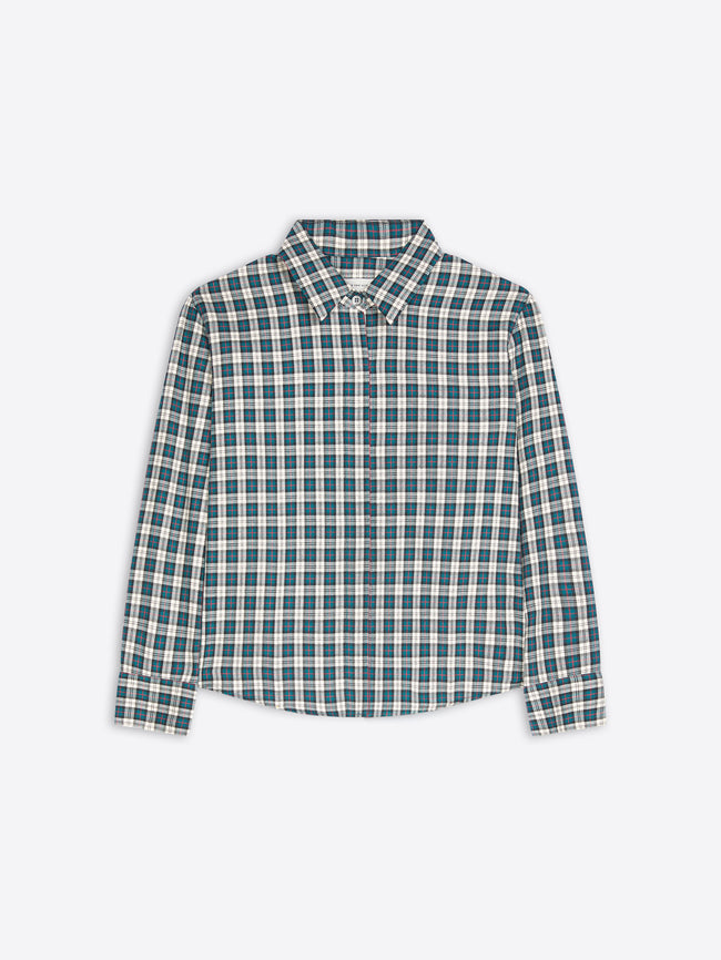 A green and white checkered button-down shirt on a light gray background 